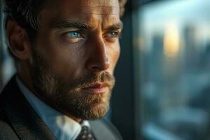 AI generated Handsome businessman looking out the window photo