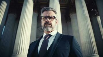 AI generated Elegantly dressed lawyer man posing in front of courthouse. Generative AI photo