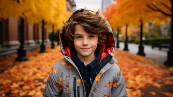 AI generated A little boy in the park on an autumn day. Generative AI photo