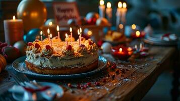 ai generado un cumpleaños pastel con ardiente velas foto