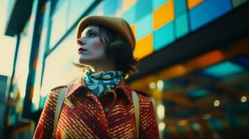AI generated Young woman in front of a modern building. Generative AI photo
