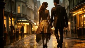 AI generated Back view photo of young couple walking on the side streets of the city. Generative AI