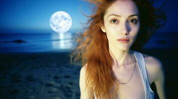 AI generated Beautiful woman in front of moonlight on the beach. Generative AI photo