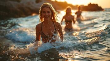 AI generated A group of female friends swim in the sea wearing bikinis photo