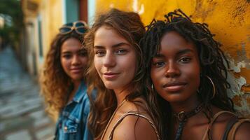 ai generado grupo de Adolescente hembra amigos en el calle foto