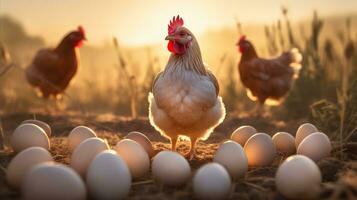 AI generated farm chickens standing together with eggs photo