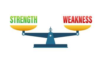 Strength and Weakness Balance Concept, Vector Illustration of Scales with Opposing Weights for Personal Development and SWOT Analysis