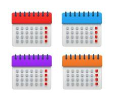 Set of Four Vector Calendar Icons with Red, Blue, Purple, and Orange Headers and Marked Dates