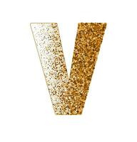 Letter V of Latin alphabet decorated with sand effect stipple texture vector illustration, round confetti dots grunge pattern, speckled chaotic particles, geometric image, golden chaotic dots abc