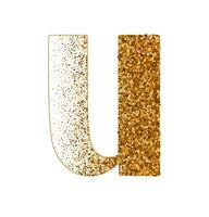 Letter U of Latin alphabet decorated with sand effect stipple texture vector illustration, round confetti dots grunge pattern, speckled chaotic particles, geometric image, golden chaotic dots abc