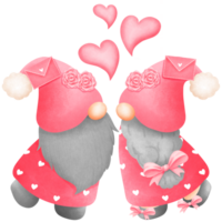 Romantic watercolor pink valentine gnome couple clipart with hearts for festive love decoration. png