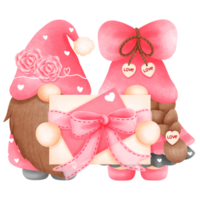 adorable acuarela rosado enamorado gnomo Pareja con regalo y amor letra para festivo amor decoración. png