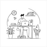 Vector freelancer working on laptop at home outline