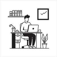 Vector freelancer working on laptop at home outline