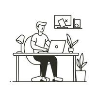 Freelancer working on laptop at home in continuous line drawing vector