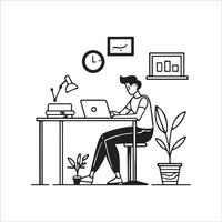 Vector freelancer working on laptop at home outline