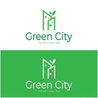 green and healthy modern city with leaf logo design for business, property, building, eco city, future city, architect, environmentally friendly vector