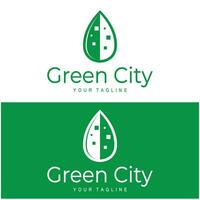 green and healthy modern city with leaf logo design for business, property, building, eco city, future city, architect, environmentally friendly vector