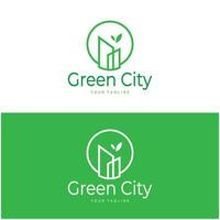 verde y sano moderno ciudad con hoja logo diseño para negocio, propiedad, edificio, eco ciudad, futuro ciudad, arquitecto, ambientalmente simpático vector