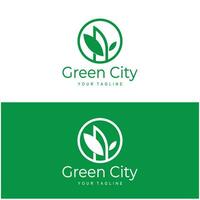 verde y sano moderno ciudad con hoja logo diseño para negocio, propiedad, edificio, eco ciudad, futuro ciudad, arquitecto, ambientalmente simpático vector