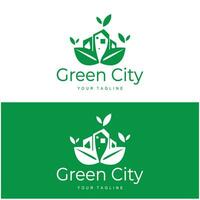 green and healthy modern city with leaf logo design for business, property, building, eco city, future city, architect, environmentally friendly vector
