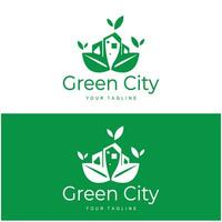 green and healthy modern city with leaf logo design for business, property, building, eco city, future city, architect, environmentally friendly vector