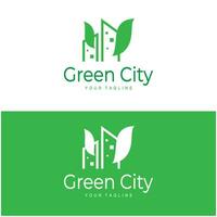 green and healthy modern city with leaf logo design for business, property, building, eco city, future city, architect, environmentally friendly vector