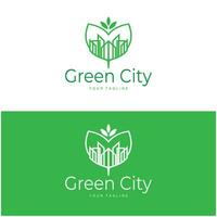 green and healthy modern city with leaf logo design for business, property, building, eco city, future city, architect, environmentally friendly vector