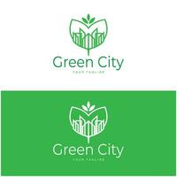 green and healthy modern city with leaf logo design for business, property, building, eco city, future city, architect, environmentally friendly vector