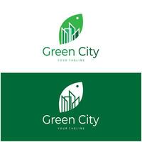 green and healthy modern city with leaf logo design for business, property, building, eco city, future city, architect, environmentally friendly vector
