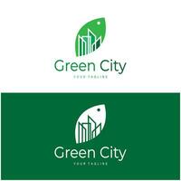 green and healthy modern city with leaf logo design for business, property, building, eco city, future city, architect, environmentally friendly vector