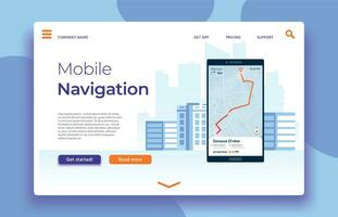 Mobile navigation landing page, smartphone with GPS application on screen. Map route with location mark vector