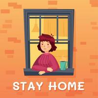 Stay home card. Girl self isolation in room with cup of coffee vector