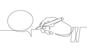 Hand with pen drawing speech bubbles. Sketch hand draws empty think balloon. Chat communication one continuous line vector concept