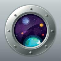 Spaceship window view. Porthole from rocket to dark sky with Earth, stars, planets. Spaceship exploration. vector