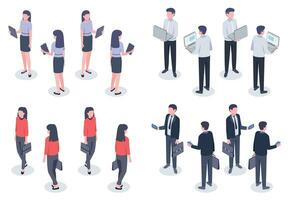 Business people isometric set. Man and woman office worker in elegant formal clothes holding devices vector