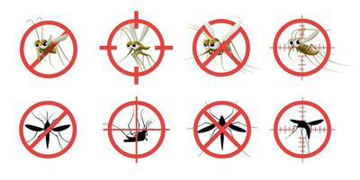 Anti mosquito sign. Informational red prohibited mosquito target, signaling stop gnat bite dangerous infection, sanitation care. Vector set