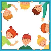 Kids looking out from square frame. Children peeking out of window waving, showing thumb up and hiding vector
