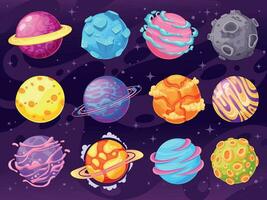 Fantasy planets. Colorful cosmic planet objects for game design fantastic galaxy world, astronomy space universe cartoon vector set