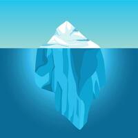 Cartoon iceberg in water. Big iceberg floating in ocean with underwater part. Clear water with ice mountain, global warming vector concept