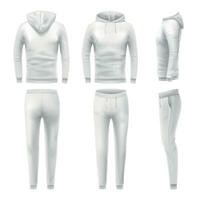 Realistic hoodies and pants mockup. Man sportswear, white hoodie and sweat pant. Male trousers template vector illustration set.