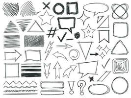 Doodle shapes. Drawings pencil monochrome textures strokes, arrows and frames, borders and hatched badges round and square shape vector set