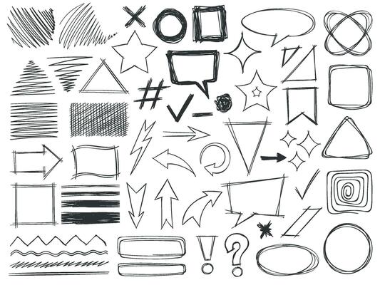 Doodle shapes. Drawings pencil monochrome textures strokes, arrows and frames, borders and hatched badges round and square shape vector set