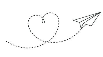 Paper plane with heart path. Flying airplane with dotted air route in heart form, romantic or message valentine day card vector design