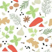 Spices seamless pattern. Hand drawn aromatic cooking ingredients cardamom and ginger, basil and thyme, barberry, dill vector texture