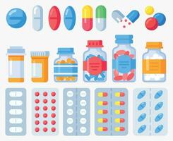 Pharmaceutical pills, medicine bottles and pills in blister packs vector
