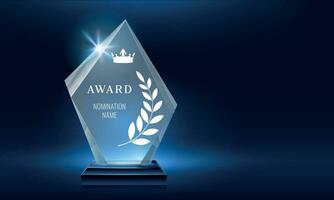 Glass trophy award shining with light. Realistic prize for winner in nomination. First place crystal glossy reward vector