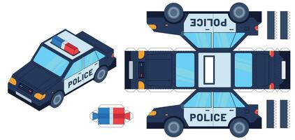 Police car paper cut toy. Kids crafts, create toys with scissors and glue. Paper cop vehicle, 3d model worksheet vector template