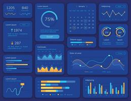 hud interfaz. futurista ui pantalla con datos mostrar, estadística gráficos, menú y calendario. tablero informacion panel y elemento vector modelo