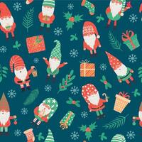 Gnomes seamless pattern. Funny christmas dwarfs and gifts, winter festive print children textile, wrapping paper, wallpaper vector texture